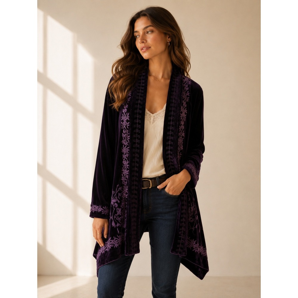 Time for Me Velvet Duster Cardigan Womens XL Purple Embroidered Boho Chic Artsy